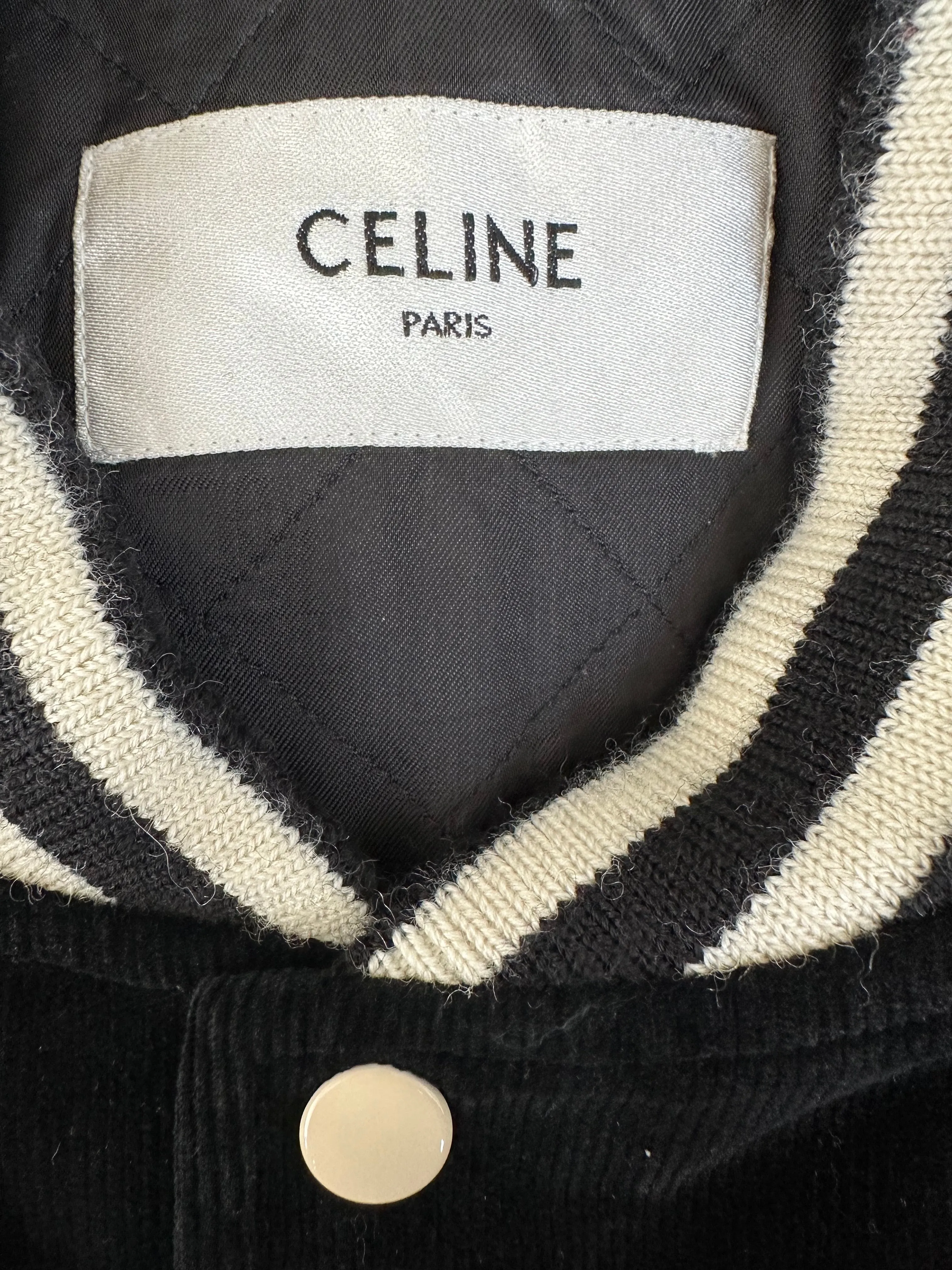 Celine Black & White Corduroy Logo Varsity Jacket