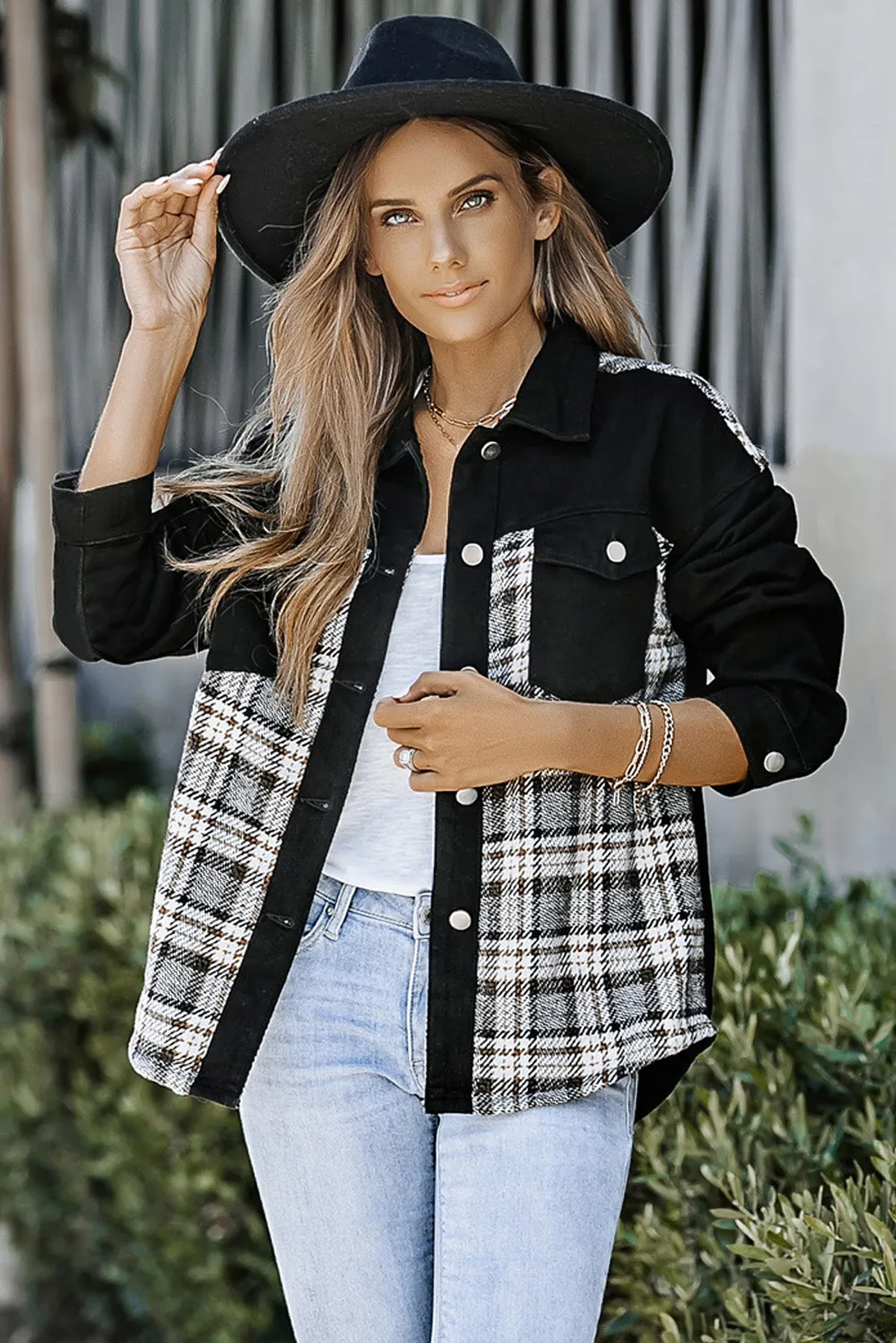 Christmas Pattern Plaid Splicing Denim Jacket