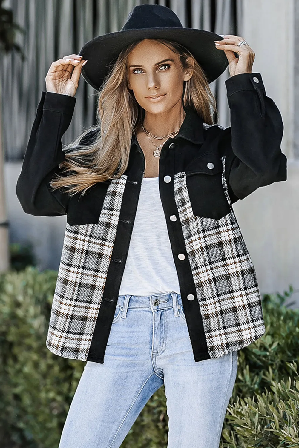 Christmas Pattern Plaid Splicing Denim Jacket