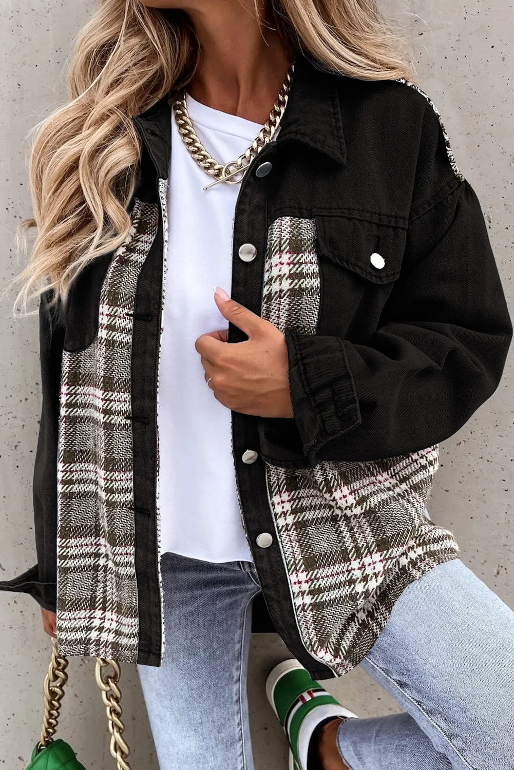 Christmas Pattern Plaid Splicing Denim Jacket