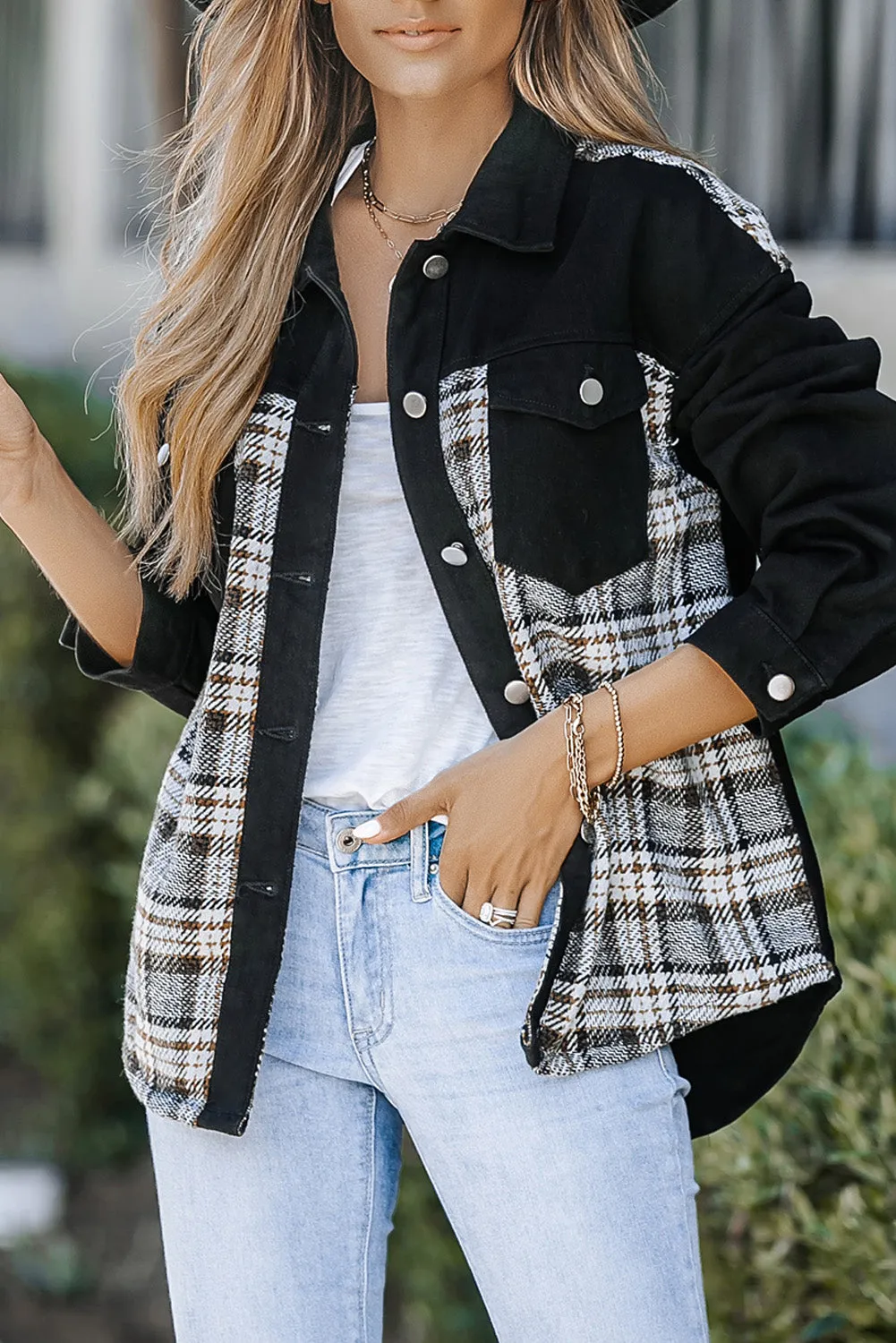 Christmas Pattern Plaid Splicing Denim Jacket