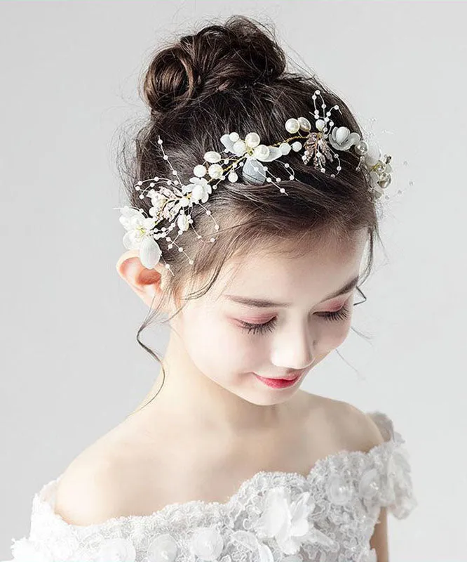 Cute White Tulle Pearl Floral Kids Crown IU042