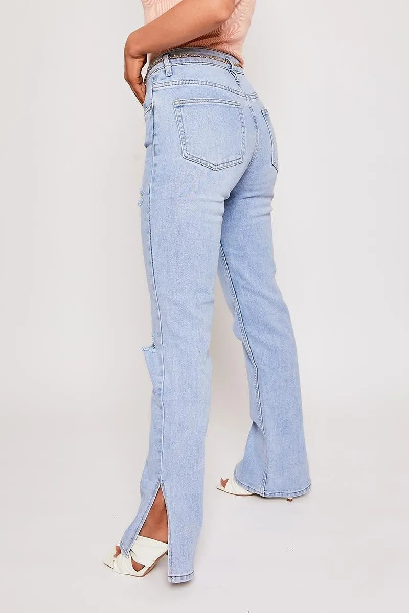 Danni - Belted Ankle Slit Light Blue Mom Jeans