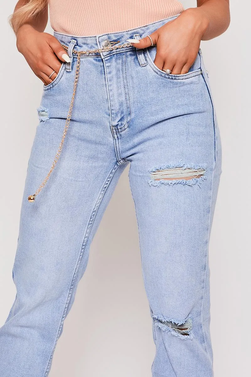 Danni - Belted Ankle Slit Light Blue Mom Jeans