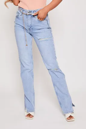 Danni - Belted Ankle Slit Light Blue Mom Jeans