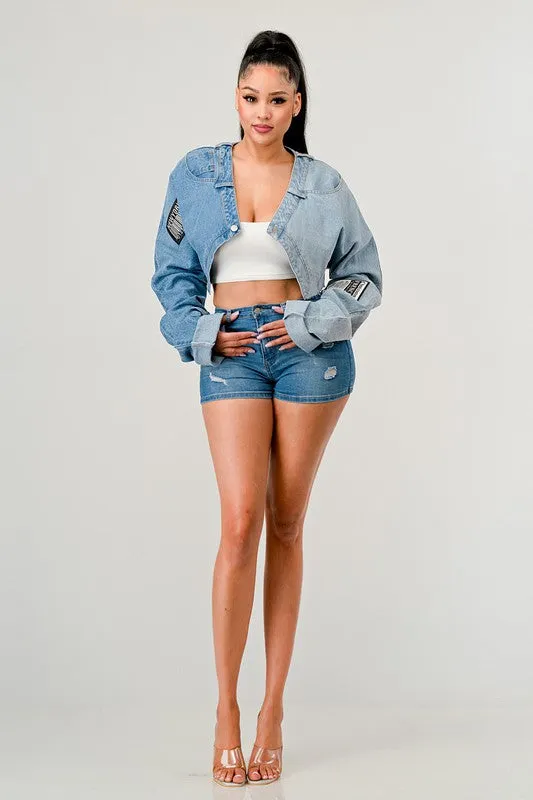 DENIM PATCHED CROPPED TOP