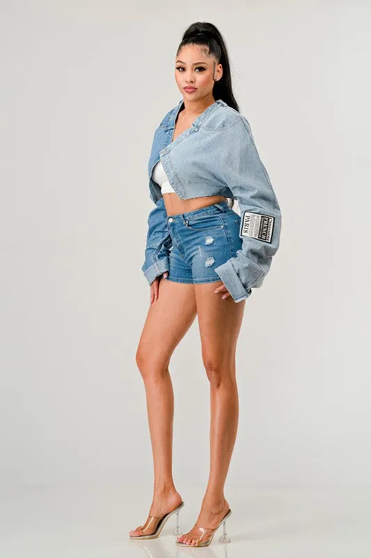 DENIM PATCHED CROPPED TOP