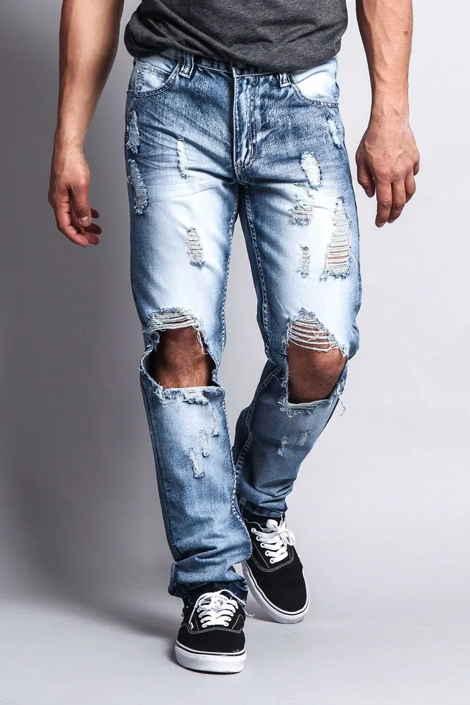 Distressed Knee Hole Slim Ripped Jeans