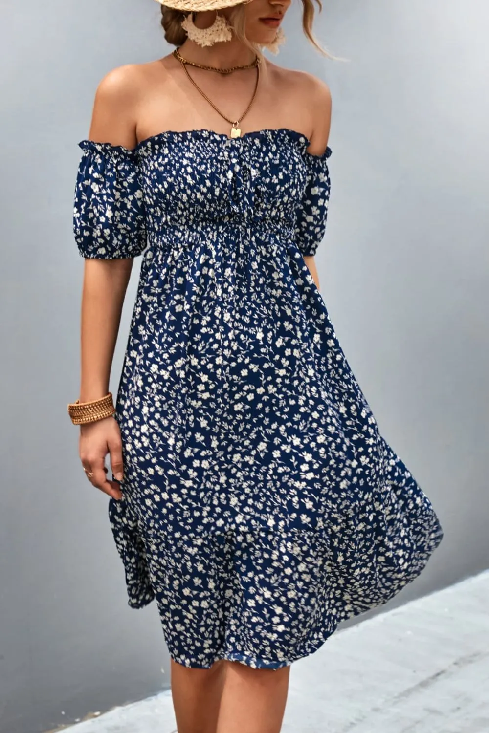 Ditsy Floral Smocked Frill Trim Off-Shoulder Dress