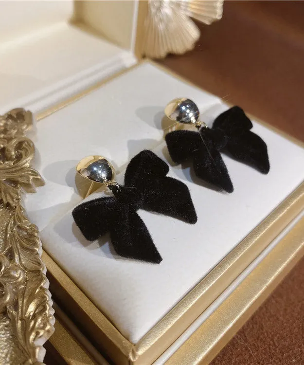 Elegant Black 14K Gold Flocking Bow Drop Earrings