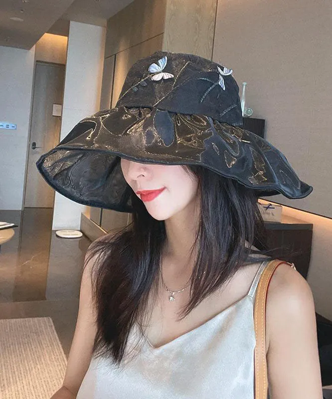 Elegant Black Butterfly Embroideried Tulle Floppy Sun Hat