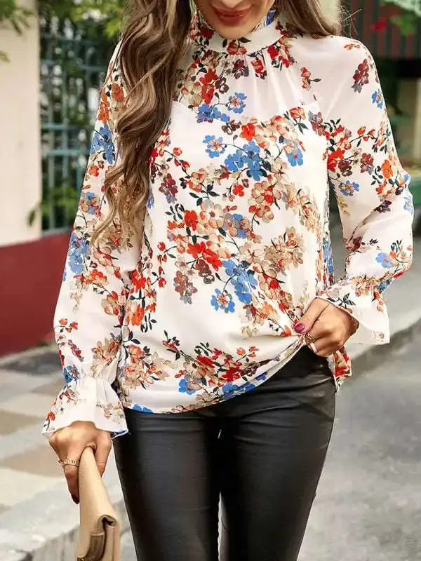 Elegant commuter plant print stitching ruffled shirt