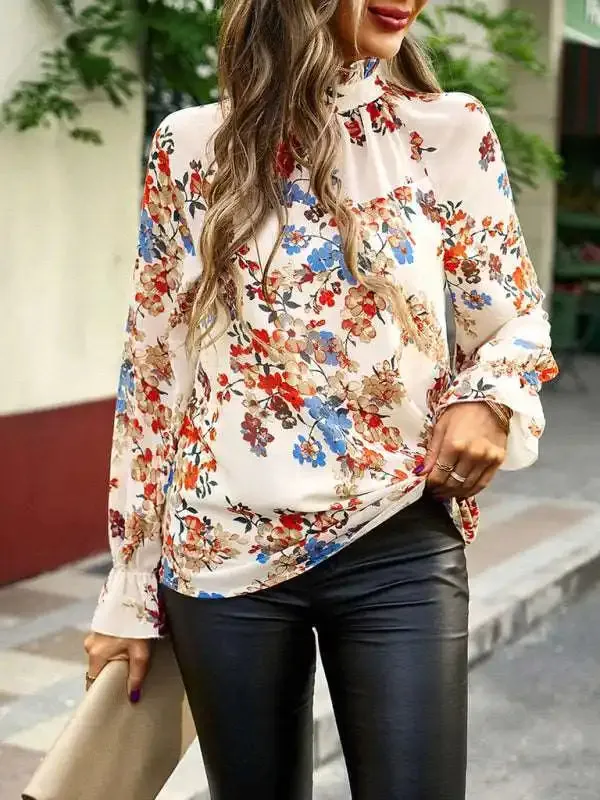 Elegant commuter plant print stitching ruffled shirt