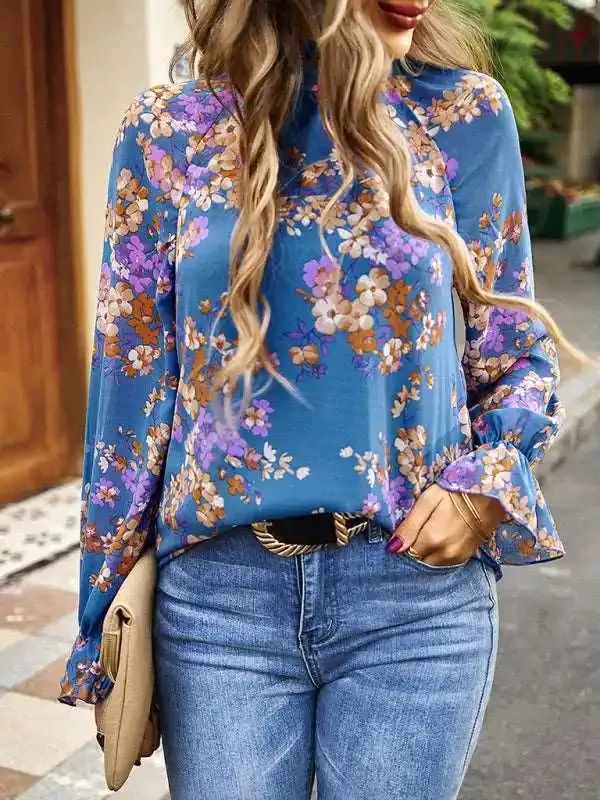 Elegant commuter plant print stitching ruffled shirt