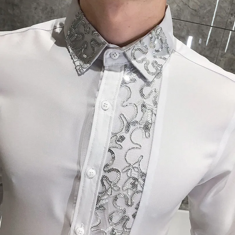 Elegant Flower Embossed Pattern Long Sleeve Shirt