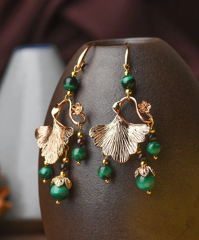 Elegant Green Malachite Ginkgo Leaf 14K Gold Drop Earrings