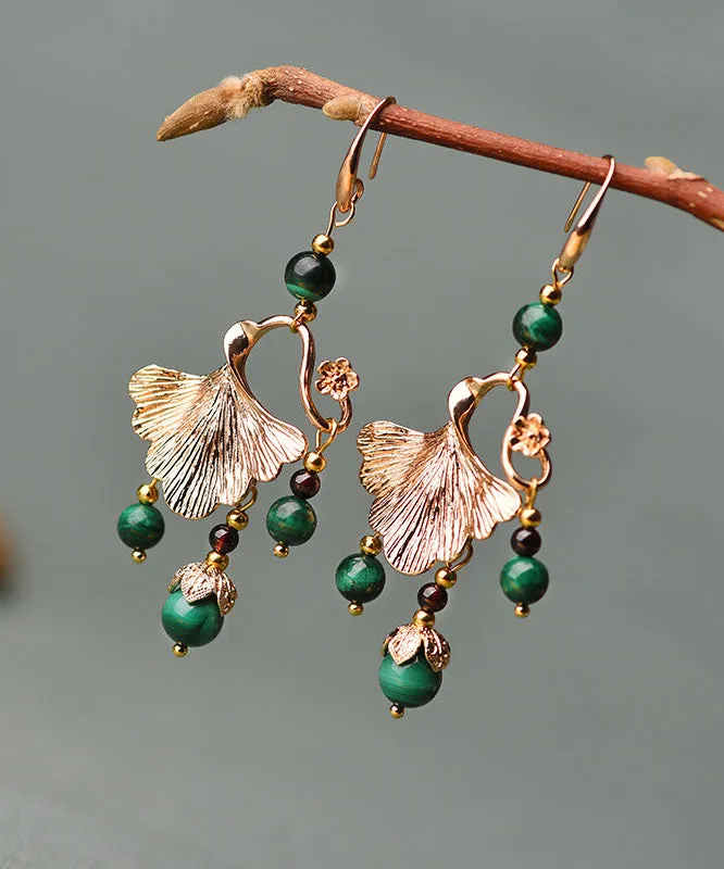 Elegant Green Malachite Ginkgo Leaf 14K Gold Drop Earrings