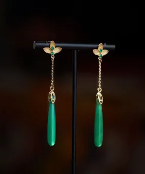 Elegant Green Sterling Silver Green Agate Water Drop Tassel Drop Earrings LY7758