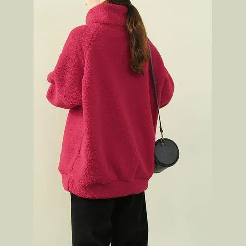 Elegant red Letter tunics for women Shirts high neck zippered fuzzy wool top