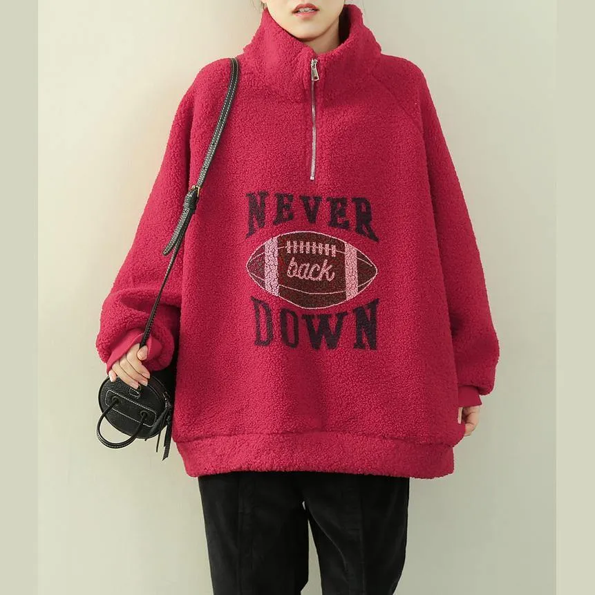 Elegant red Letter tunics for women Shirts high neck zippered fuzzy wool top