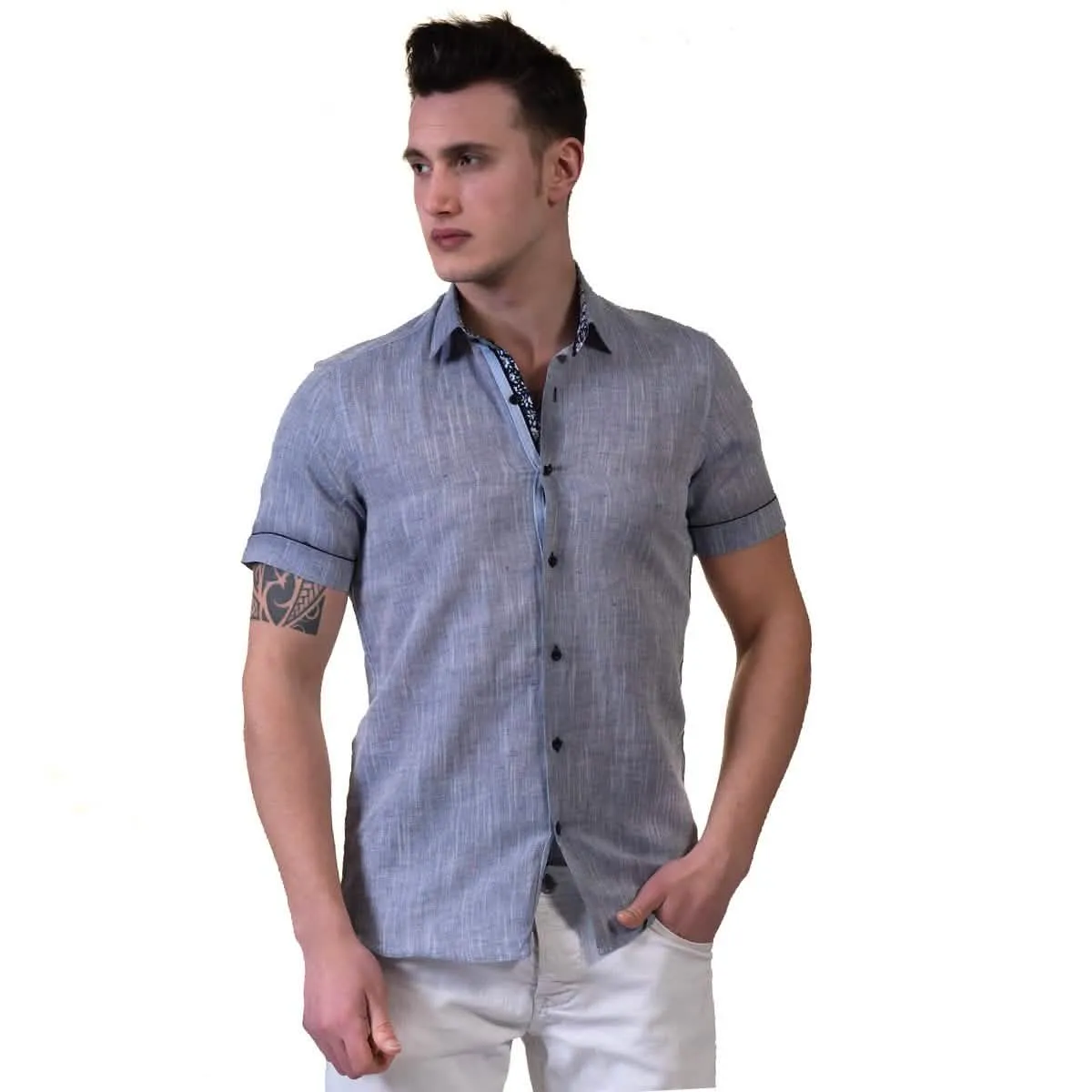 Elegant Slim Fit Short Sleeve Cotton Dress Shirts for Men