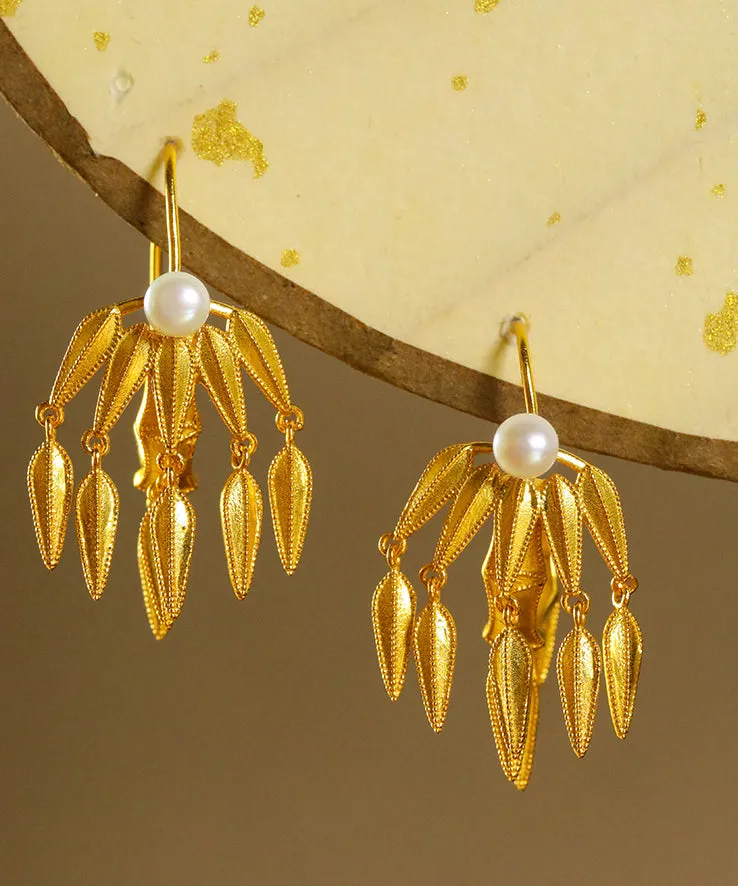 Elegant Yellow Silver Gold Plated Bambll Leaf Drop Earrings