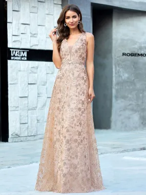 Floral Printed Sleeveless Tulle Evening Dresses with Sequin Belt