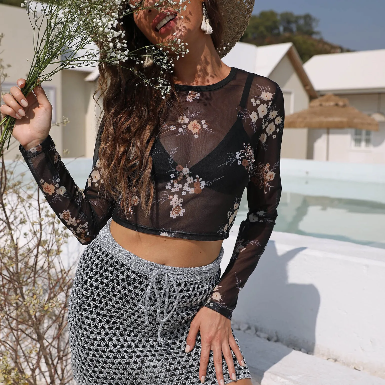 Flower Print Sexy See-Through Mesh Long Sleeve Wholesale Crop Tops