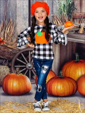 Girls Pumpkin Long Double Ruffle Sleeve Top and Patched Jeans Set