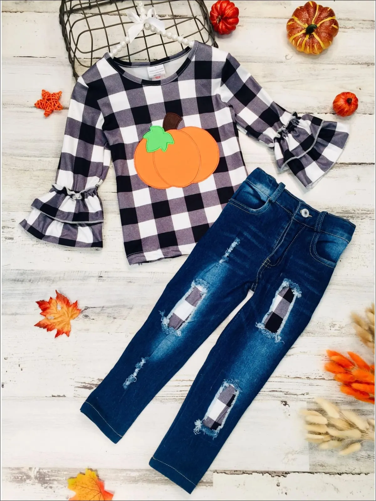 Girls Pumpkin Long Double Ruffle Sleeve Top and Patched Jeans Set