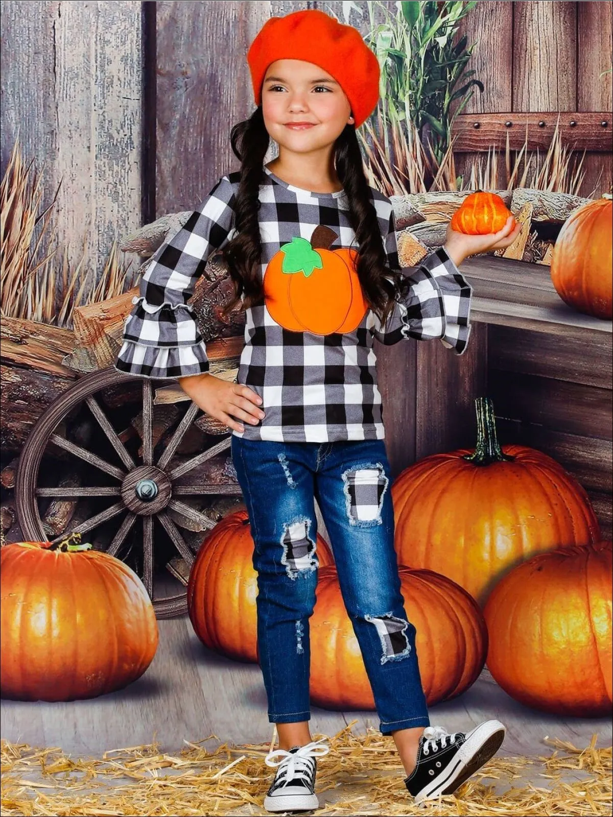 Girls Pumpkin Long Double Ruffle Sleeve Top and Patched Jeans Set