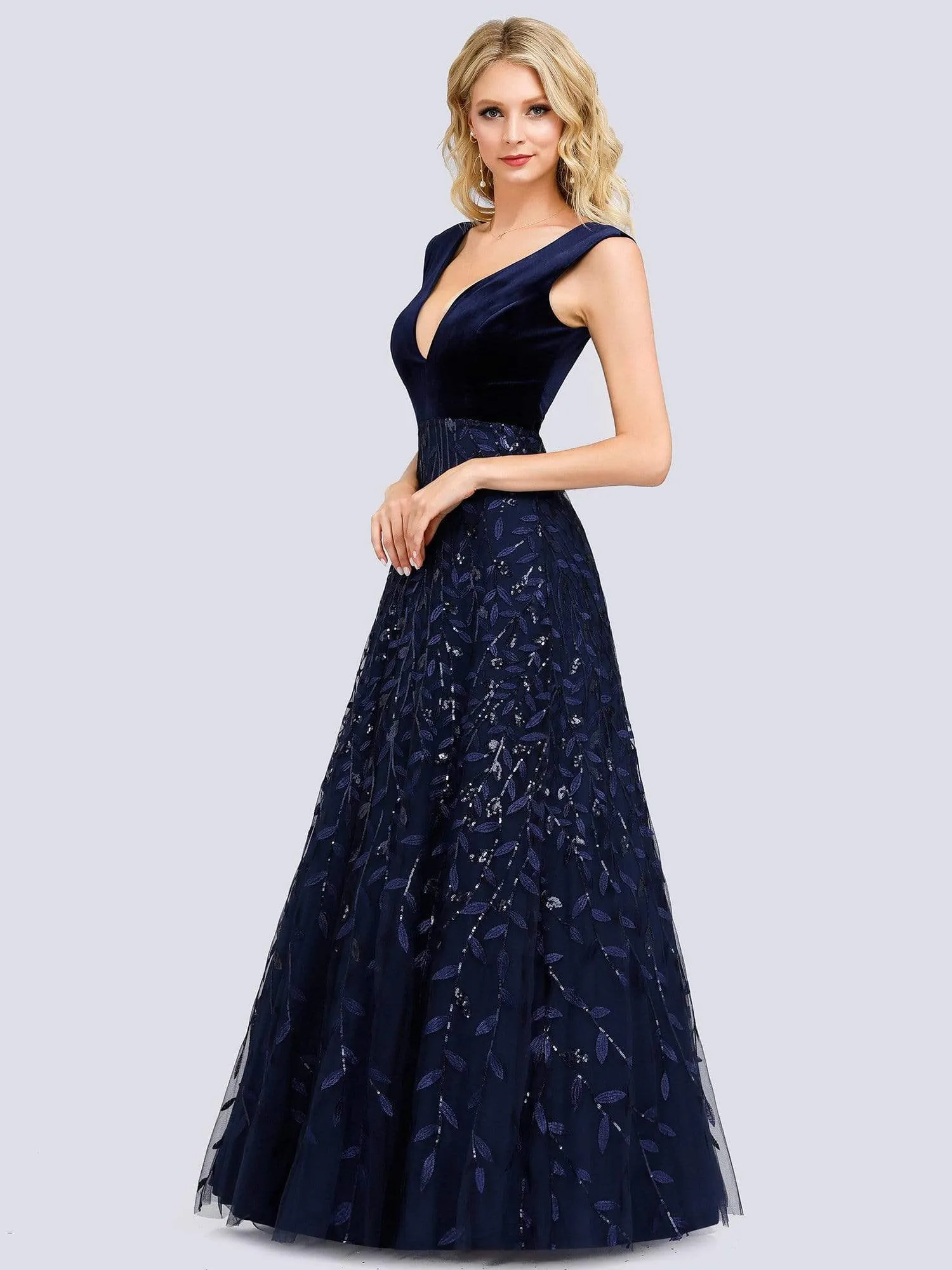 Gorgeous Double V Neck Sequin & Velvet Embroidery Prom Dresses