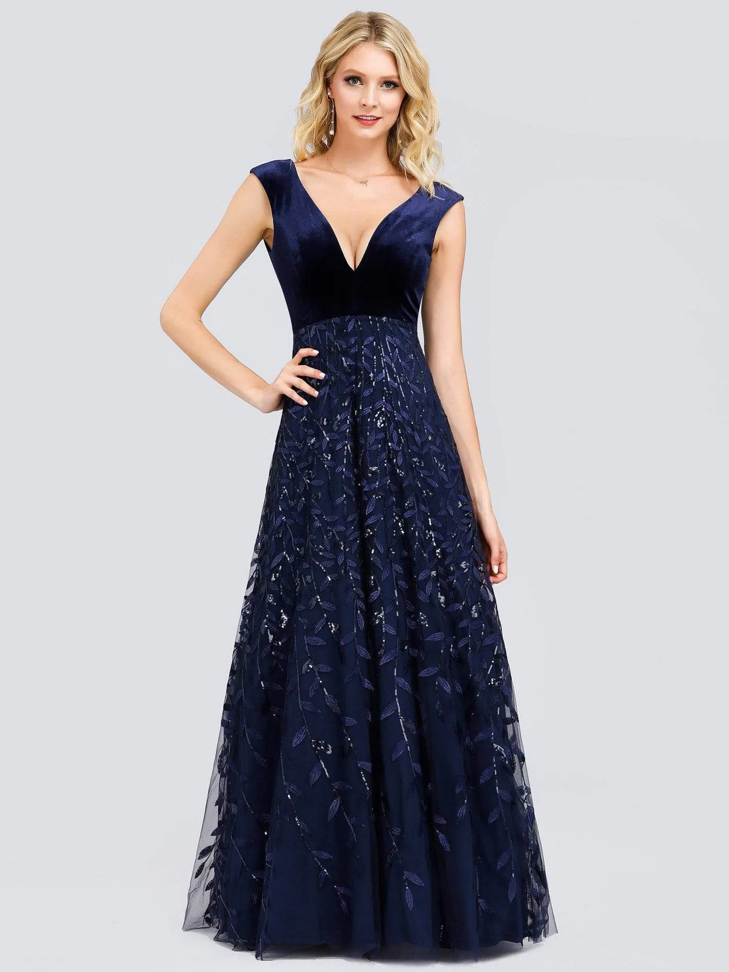 Gorgeous Double V Neck Sequin & Velvet Embroidery Prom Dresses