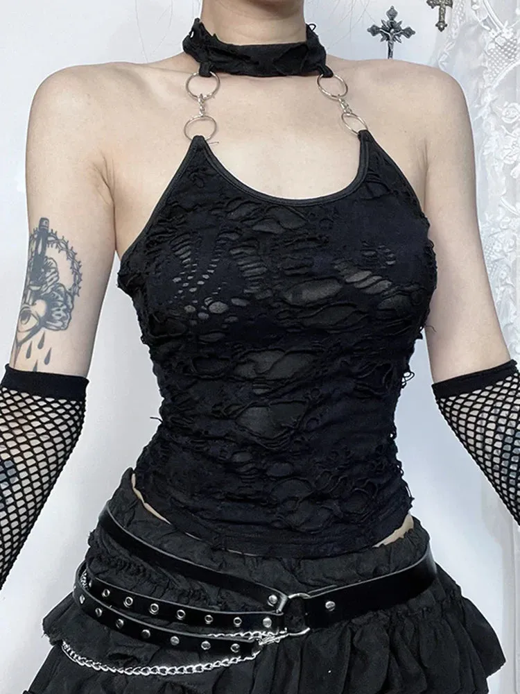 Gothic Halter Backless Cyberpunk Y2K Crop Top