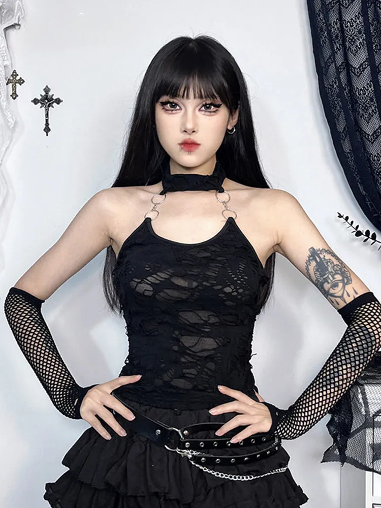 Gothic Halter Backless Y2K Crop Top