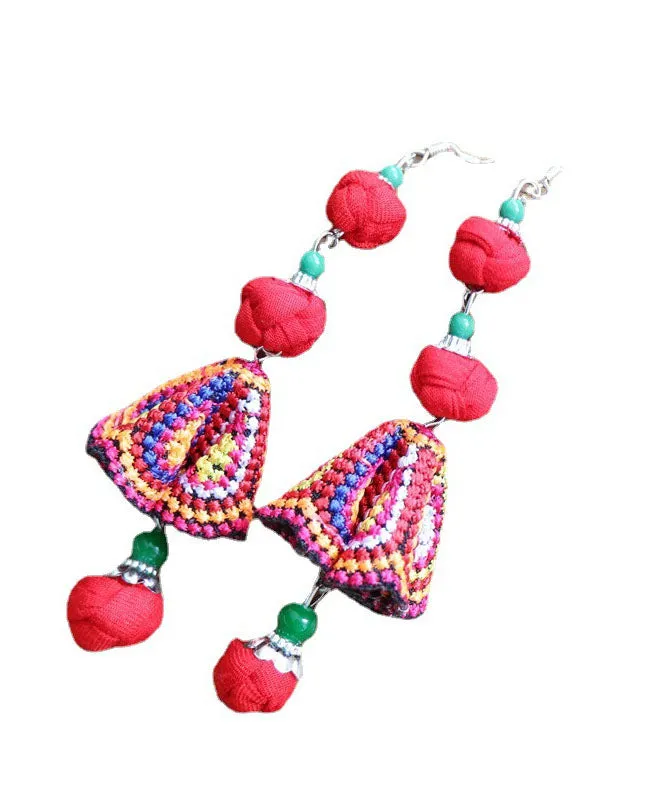 Handmade Red Cotton Linen Embroidered Floral Drop Earrings