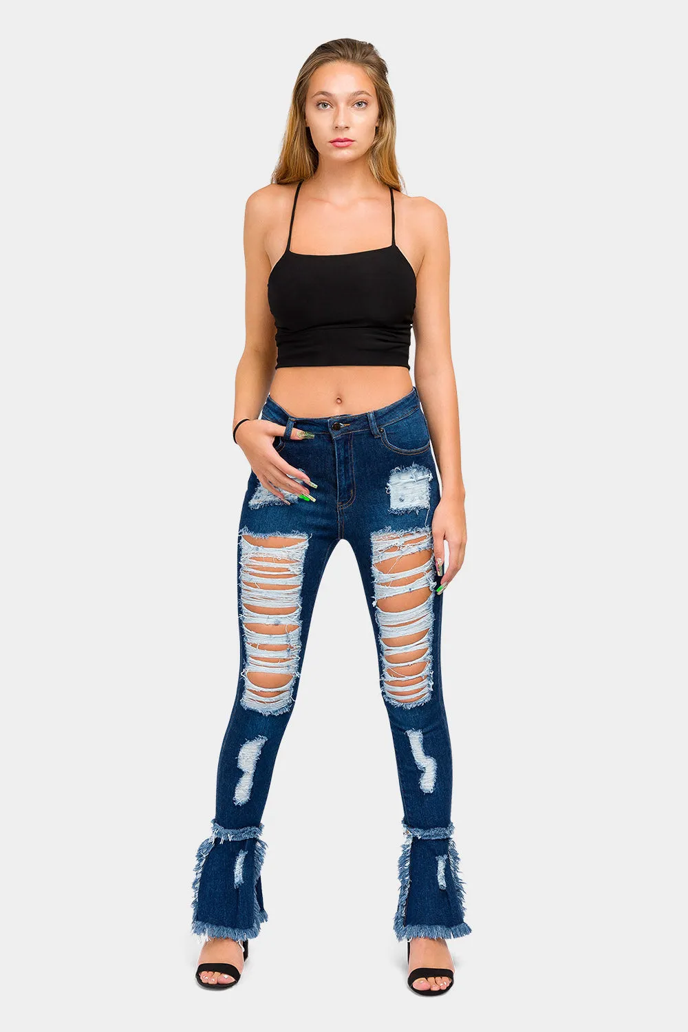 High Waisted Distressed Bootcut Jeans