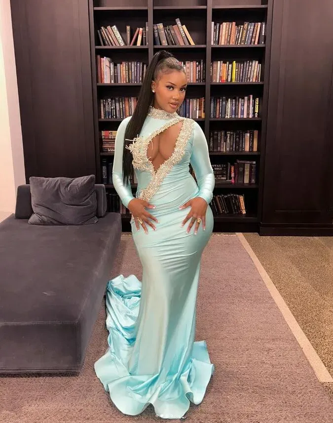 Ice Blue Mermaid Prom Birthday Dresses for Black Girl Long Sleeve Sparkly Crystal Beaded Sexy Hole Evening Birthday Gala Gown