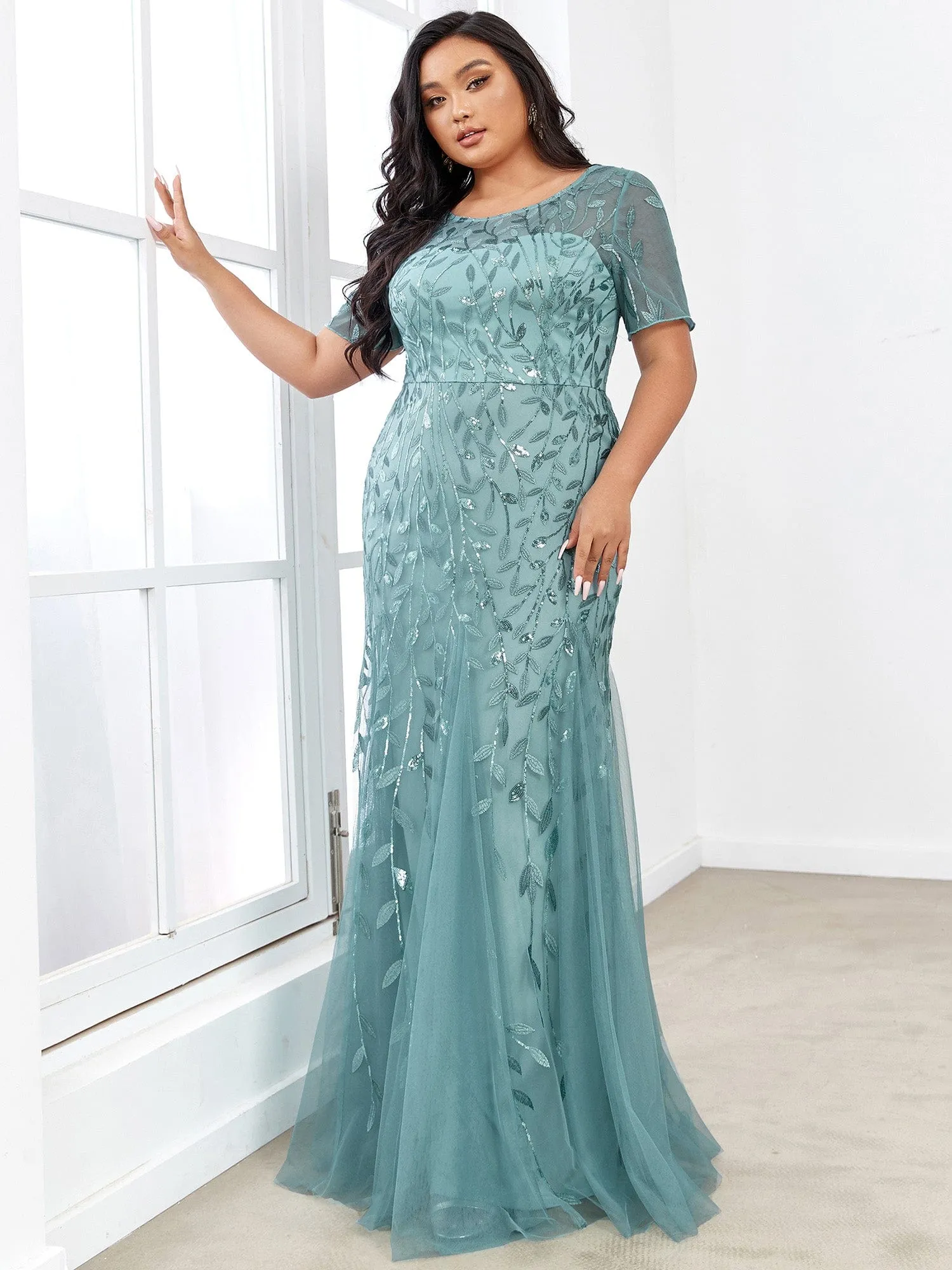 Ivy | Floral Sequin Print Plus Size Mermaid Tulle Evening Dress