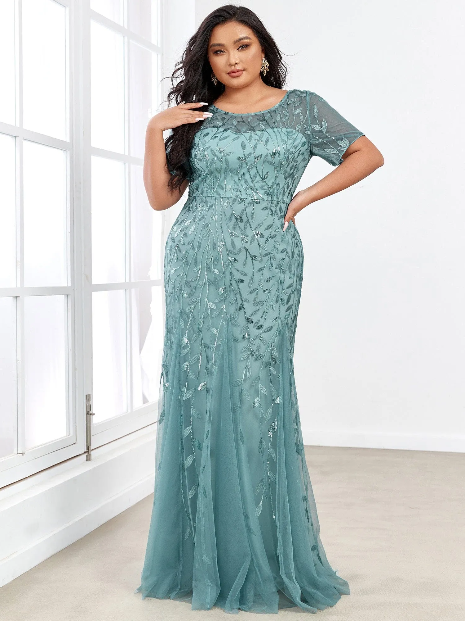 Ivy | Floral Sequin Print Plus Size Mermaid Tulle Evening Dress