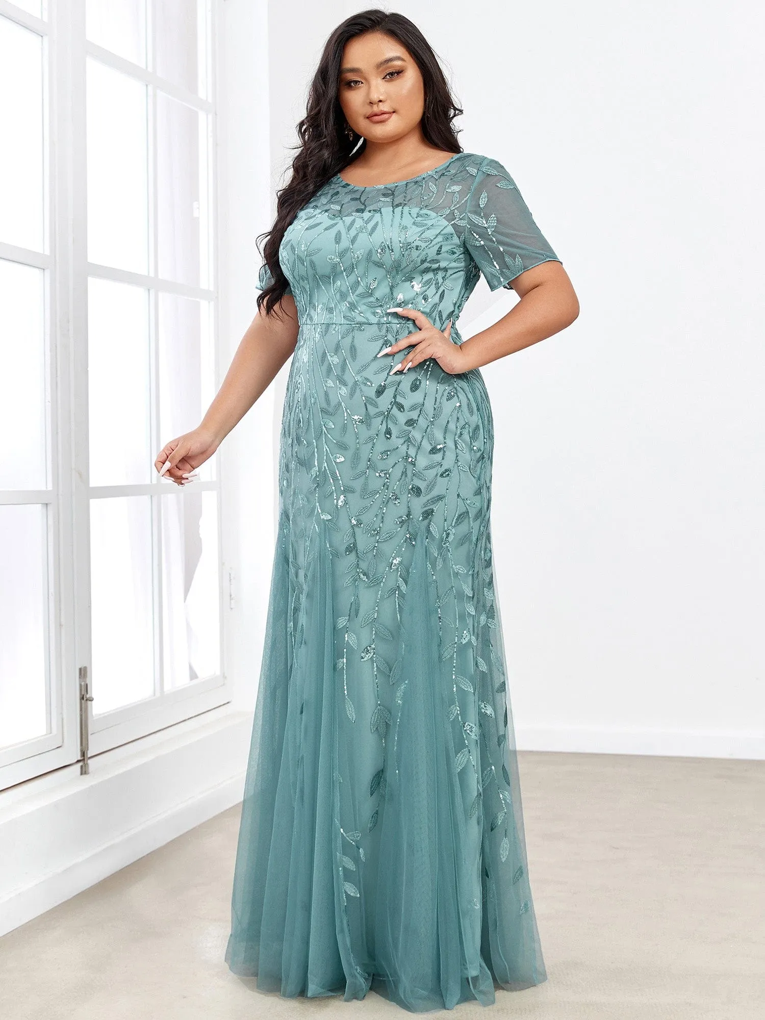 Ivy | Floral Sequin Print Plus Size Mermaid Tulle Evening Dress