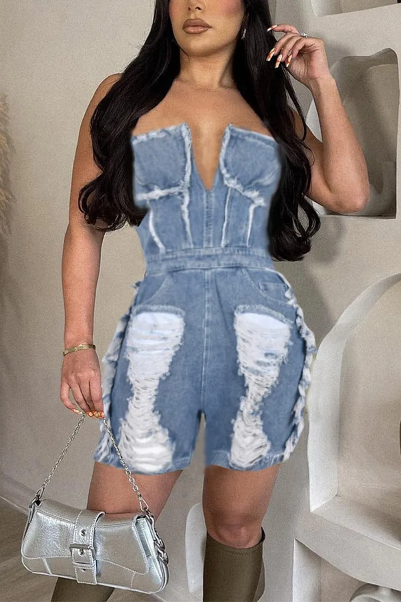 JC228 Distressed Denim Rompers