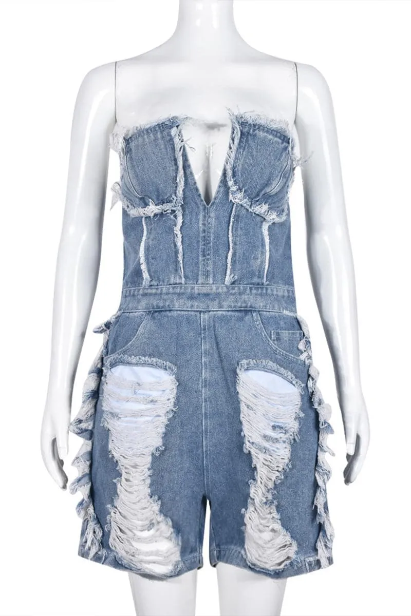 JC228 Distressed Denim Rompers