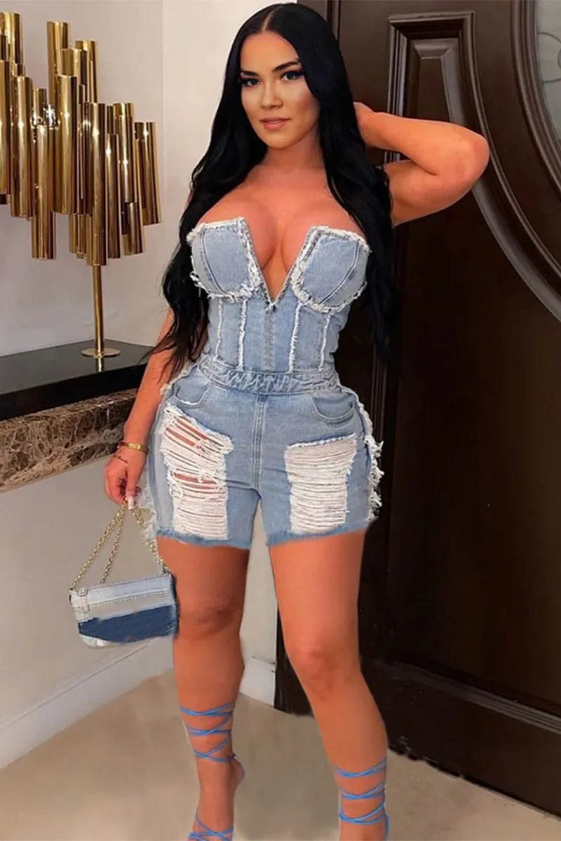 JC228 Distressed Denim Rompers