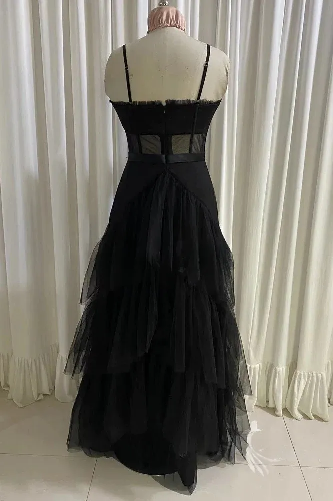 kamahe Black Prom Dress, Elegant A-line Layered Tulle Prom Dresses,Sheer Corset Long Evening Dress