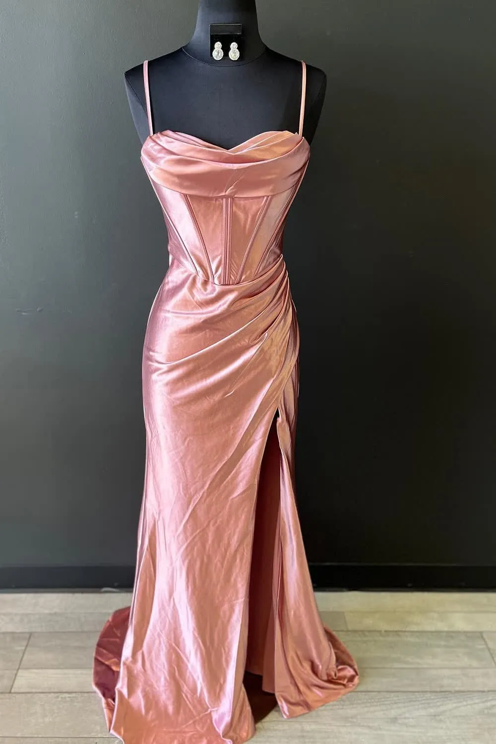 kamahe Hot Pink Spaghetti Straps Satin Mermaid Prom Dress with Slit Formal Evening Dresses