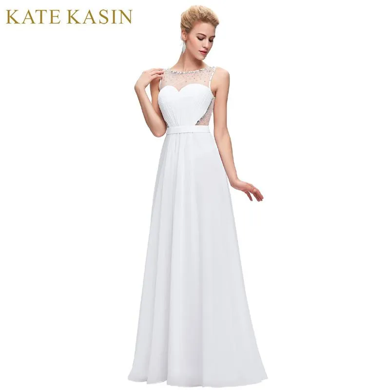 Kate Kasin White Backless Evening Dresses Draped with Belt Slim A Line Chiffon Long Ladies Evening Gowns Formal Dress Black 0064