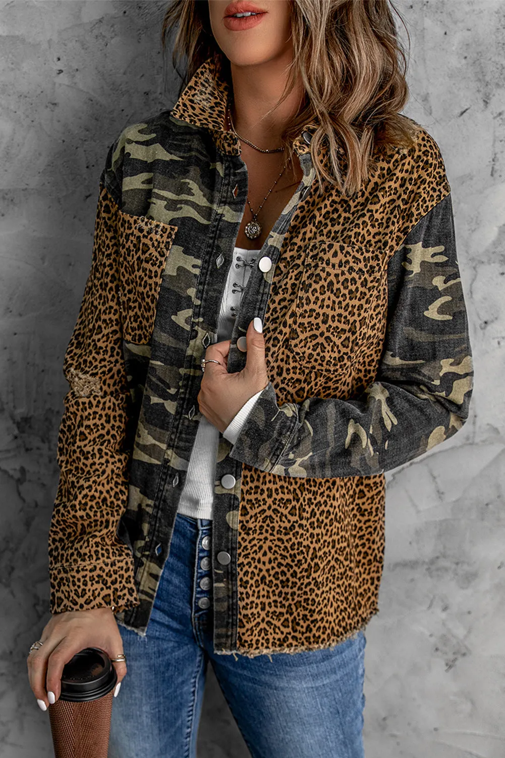 Leopard Camouflage Patchwork Denim Jacket