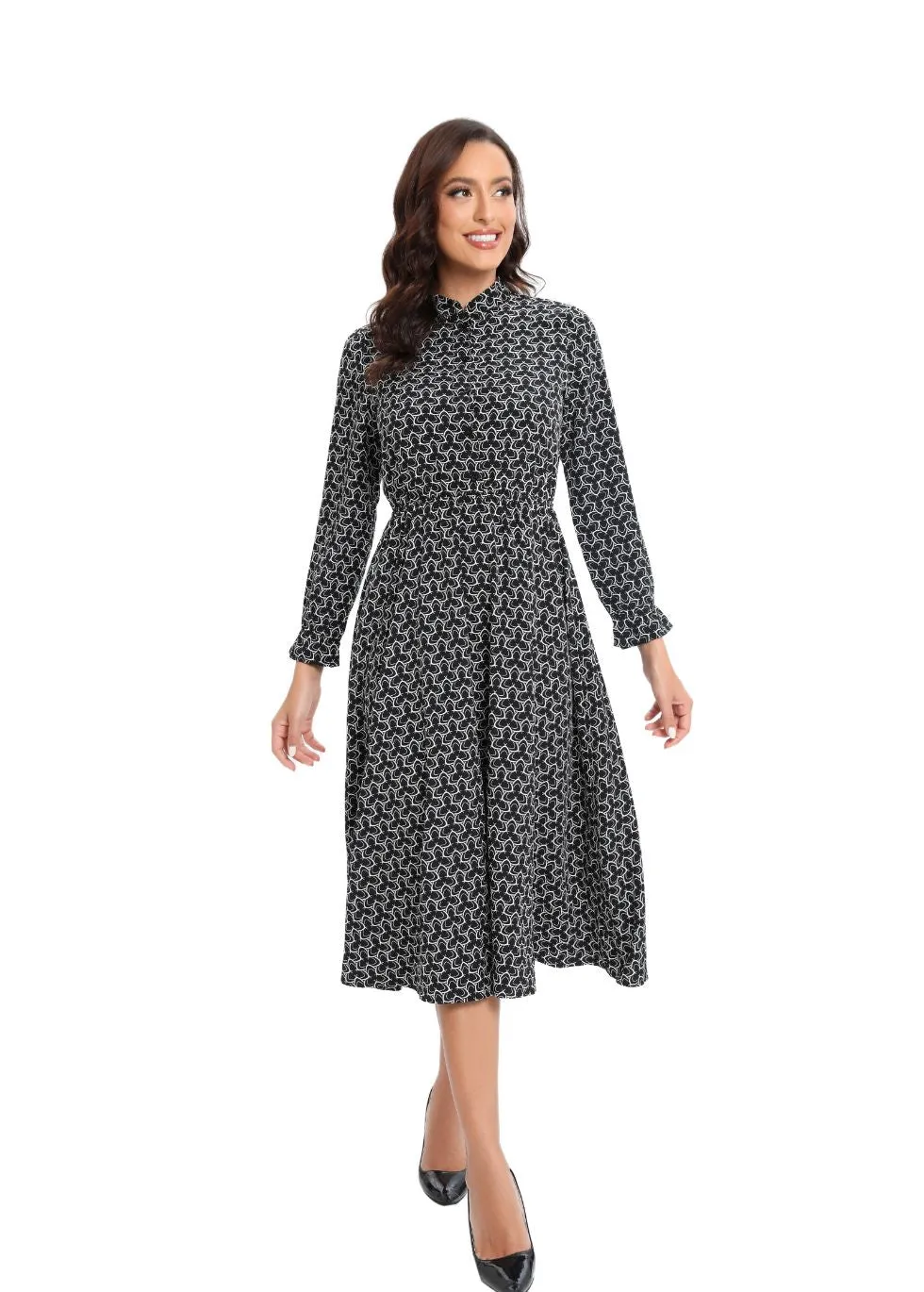 Long Sleeve Modern Print Modest Midi Dress