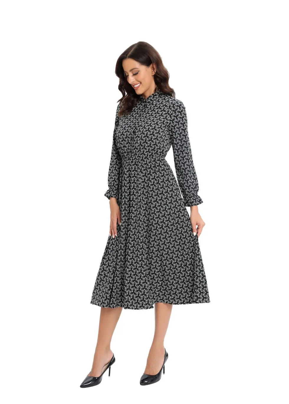 Long Sleeve Modern Print Modest Midi Dress